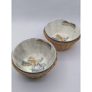 Two Vtg mcm Capri pattern By Royal Sealy Japan Small bowls wooden Baskets READ